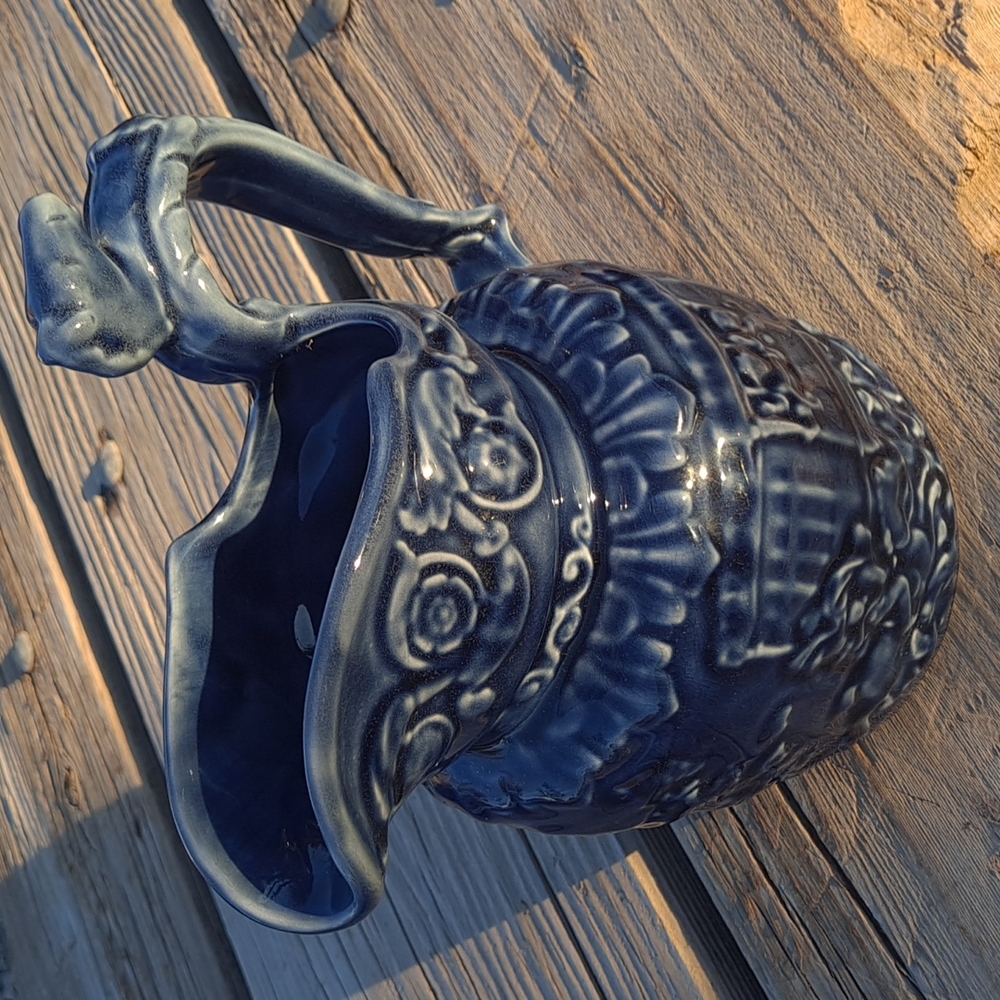 Vtg Arthur Wood Pottery England Deep Indigo Blue Embossed Pitcher Ceramic Horse